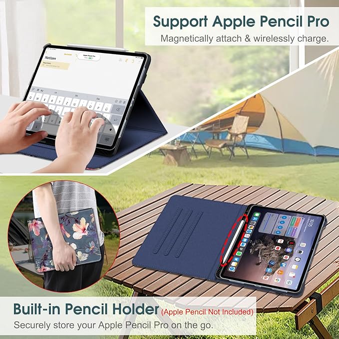 Fintie Folio Case for iPad Air 13-inch M4/M3/M2 (2026/2025/2024), Multi-Angle Viewing Protective Stand Cover with Pencil Holder & Pocket, Auto Sleep/Wake, Blooming Hibiscus