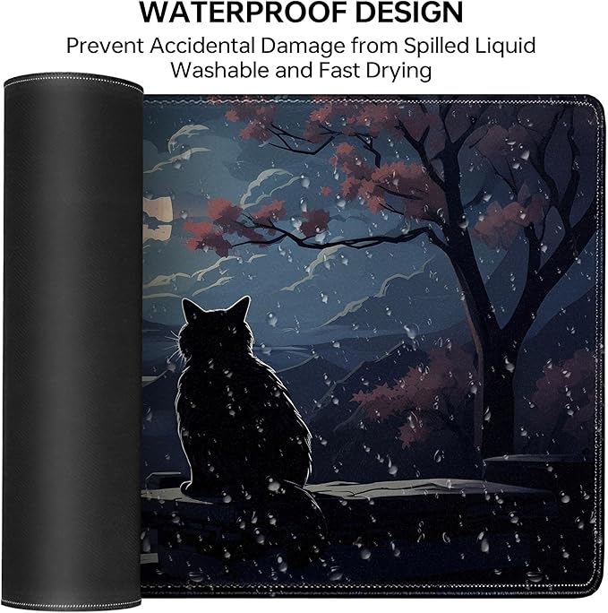 Moon Cat Large Gaming Mouse Pad,Black XL Mouse Pad Gaming 31.5 x 11.8 in Mouse Mat Desk Pad,Large Desk Mat,Extended Keyboard Pad Mousepad with Non-Slip Base and Stitched Edge for Office Home Gaming