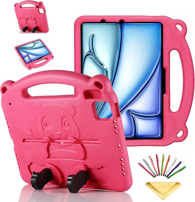 Kids Case for Apple iPad Pro 11 inch M5/M4 Tablet (2025/2024) with Handle/Kickstand Slim Lightweight Cute Soft EVA Foam Shockproof Folio Stand Protective Cover for Boy Girl Teens, Rose