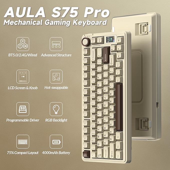 AULA S75 PRO Wireless Mechanical Keyboard with Screen&Knob, 75% Hot Swappable Gaming Keyboard with Pre-lubed Switches, RGB Backlit, PBT Keycaps, Creamy Sounding Computer Keyboards
