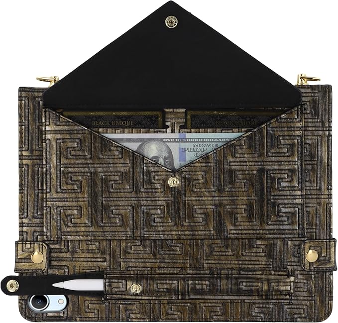 Handbag Case for iPad A16 11th/10th Generation (2025/2022) 11-inch - Techcircle Vintage Maze Pattern Crossbody Folio Stand Cover w/Pencil Holder, Card Slots, Hand Strap, Shoulder Strap, Retro Bronze