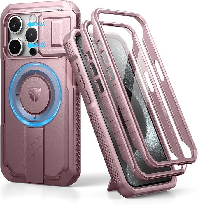 Dexnor for iPhone 15 Pro Case with Slide Camera Cover & Adjustable Kickstand & Built-in Screen Protector, Magnetic Rugged Shockproof Bumper Cases Heavy-Duty Magnetic Protective Cover,Peony Pink