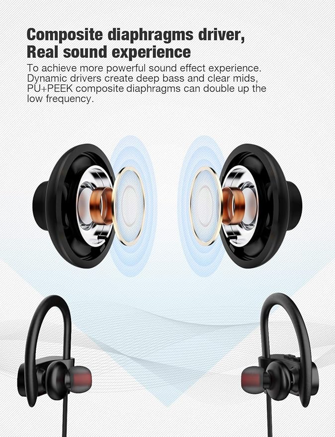 Bluetooth Headphones,Wireless Earbuds IPX7 Waterproof Sports Earphones 15H Playtime with Mic HD Stereo Sound Sweatproof in-Ear Earbuds Sound Isolation Headsets Gym Running Workout