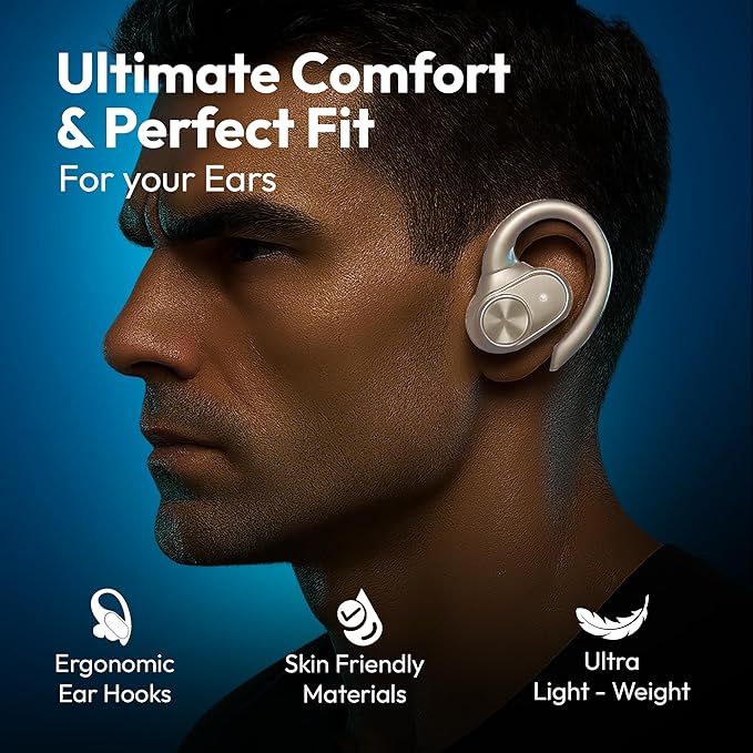 Wireless Bluetooth Sports Earbuds - Over-Ear Hook Headphones with LED Display - Touch Control & Voice Assistant - Wireless Charging Case – for Running - Gym - Workout (Light Grey)