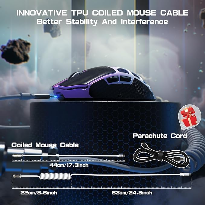 FELICON x Attack Shark R3 Magnesium Alloy Wireless Gaming Mouse, 46g Ultra-Lightweight Skeletal Shell, PAW3395 26K DPI, 8K Polling, Tri-Mode 2.4G/BT/Wired, for PC Mac Laptop - Purple & Griptape