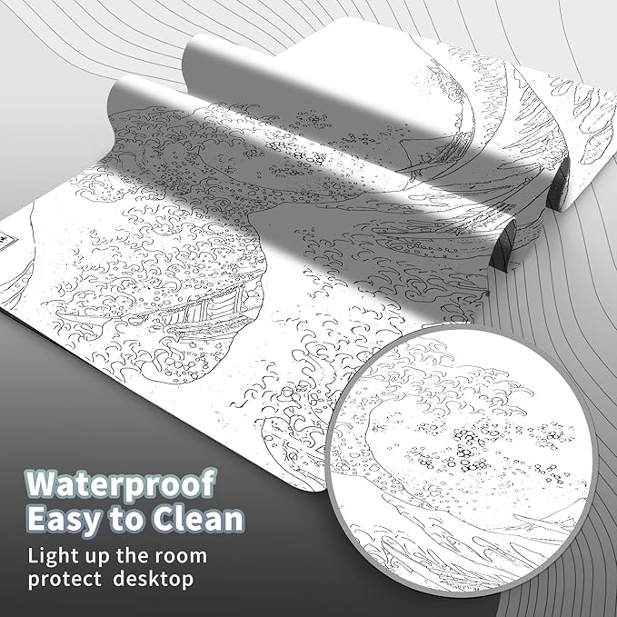 Black and White Large Mouse Pad, Japanese Sea Wave White Desk Pad for Keyboard and Mouse, 31.5" X 15.7" Computer Gaming Mouse Mat with Non-Slip Rubber Stitched Edge for Laptop Gamer