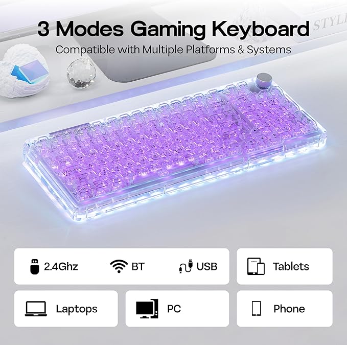 KiiBoom Phantom 98 Crystal Mechanical Gaming Keyboard, Transparent Keyboard with RGB Backlits, Hot-Swappable, Shine Through Clear Keycaps, 3 Modes Wireless, 8000mAh Battery, NKRO for Win/Mac (Clear)