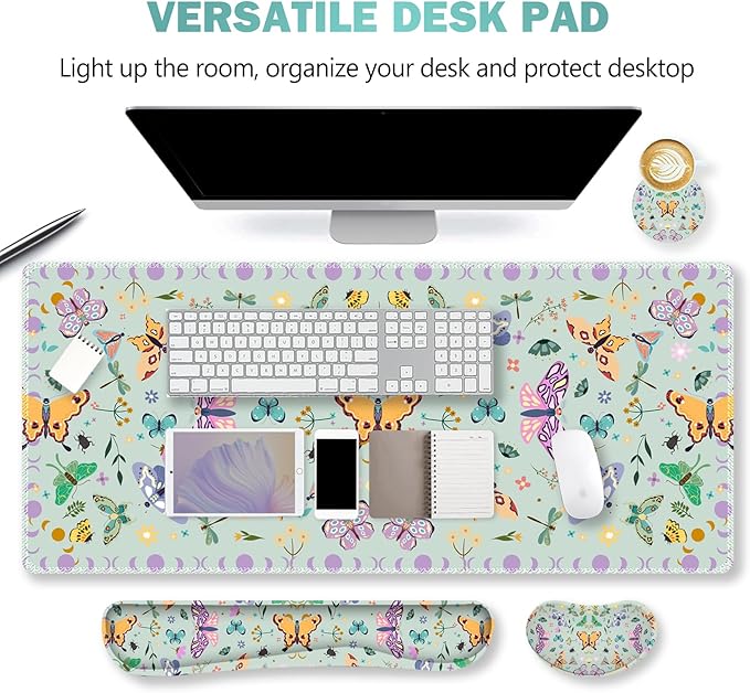 ARTSO Desk Mat Set, Aquamarine Extended Gaming Mouse Pad with Wrist Rest Support +Keyboard Wrist Rest +Coaster, Large Cute Butterfly Mousepad for Office, Home