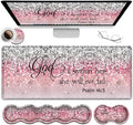 Desk Pad, Large Gaming Mouse Pad Extended Thick Writing Pads, Ergonomic Keyboard Wrist Rest with Non-Slip Rubber Base Office Desk Mat 31.5"×11.8", Psalm 46-5 Verse Pink Sparkles Glitter Mousepad