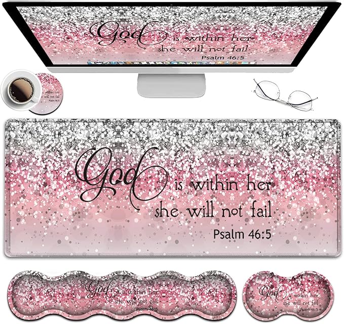 Desk Pad, Large Gaming Mouse Pad Extended Thick Writing Pads, Ergonomic Keyboard Wrist Rest with Non-Slip Rubber Base Office Desk Mat 31.5"×11.8", Psalm 46-5 Verse Pink Sparkles Glitter Mousepad