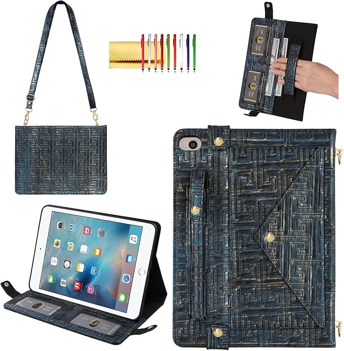 Handbag Case for iPad mini 5th 4th 3rd 2nd 1st Generation (Prior to 2019) - Techcircle Vintage Pattern Crossbody Folio Stand Wallet Case with Pencil/Card Holder, Hand Grip/Shoulder Strap, Retro Navy