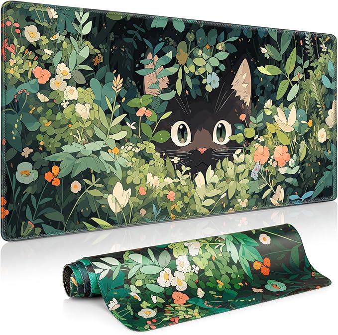 Anime Cat Mouse Pad, Green Desk Mat, Kawaii XXL Large Gaming Mouse Pad Keyboard with Stitched Edges Non-Slip, 35.4×15.7in Mousepad Mat for Desktop Computer Laptop Office Women Decor Funny