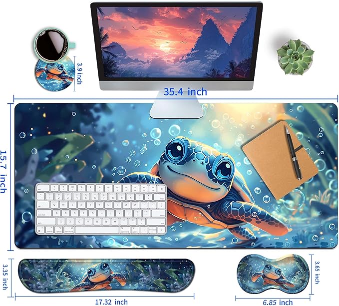 4-Piece Extended Large Mouse Pad Set for Women Men with Turtle Anime Design Includes 35.4 x 15.7 XXL Large Mouse Pad Keyboard Wrist Rest Mouse Wrist Support and Coaster for Office Home