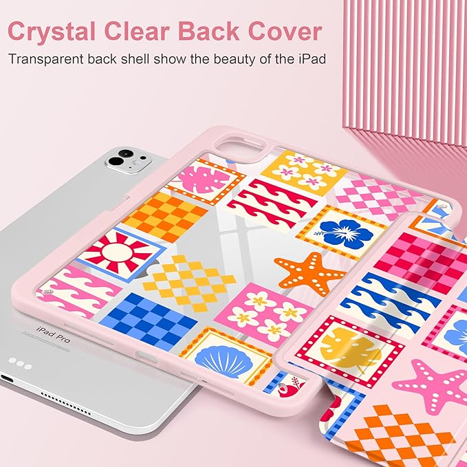 Case for iPad Pro 11 Inch (M5 2025 M4 2024) – [Built-in Pencil Holder], Shockproof & Stylish, Clear Hard Back + Soft TPU Edge, Magnetic Trifold Stand, Auto Wake/Sleep, Beach Fun