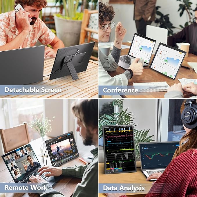 Portable Monitor 16" 1200P FHD Laptop Screen Extender, Horizontal Vertical Monitors with Detachable Kickstand, Built-in Speakers, Plug & Play Computer Gaming Travel Monitor for Wins Mac Chrome Phone