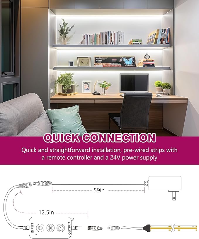 EMITEVER COB LED Strip Lights Kit 5000K, White 16.4ft Dimmable Tape Light with Remote & 24V Power Supply, CRI90+, High Density 2400LEDs, 300+LM/FT, Suitable for Bedroom Kitchen Cabinet Lighting