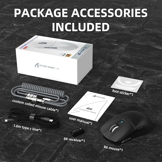 ATTACK SHARK R6 39g Superlight Wireless Gaming Mouse,PixArt PAW3950MAX 42000 DPI,MCU Nodic 52840 Computer Mouse,8K Polling Rate Web Driver,BT/2.4Ghz/Wired Tri-Mode Mice with Coiled Cable-Black
