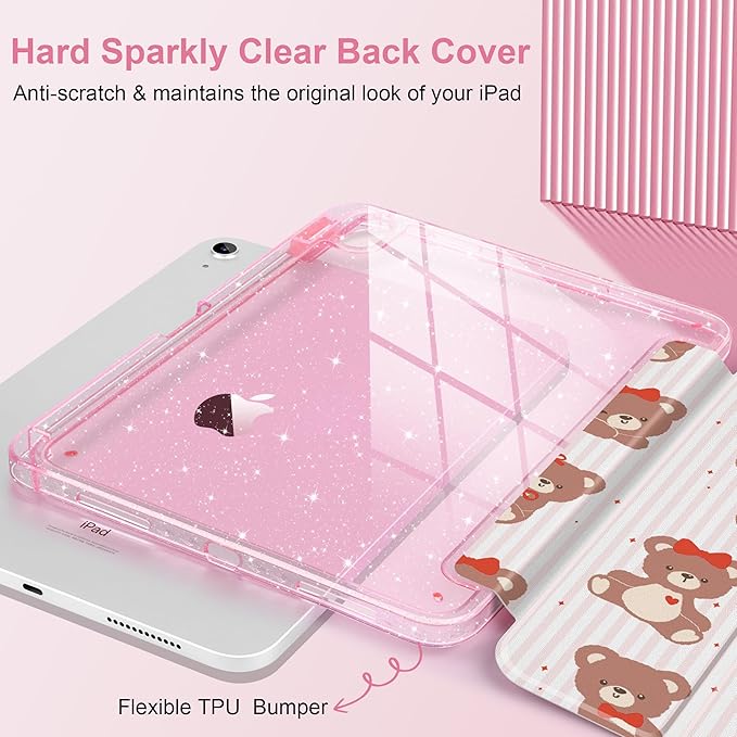 DONGKE for iPad Pro 11 inch Case – Fits M5 2025 / M4 2024, Shockproof Sparkling Glitter Acrylic Back, Pencil Holder, Trifold Stand, Auto Sleep/Wake & Touch ID Support - Lovely Bears