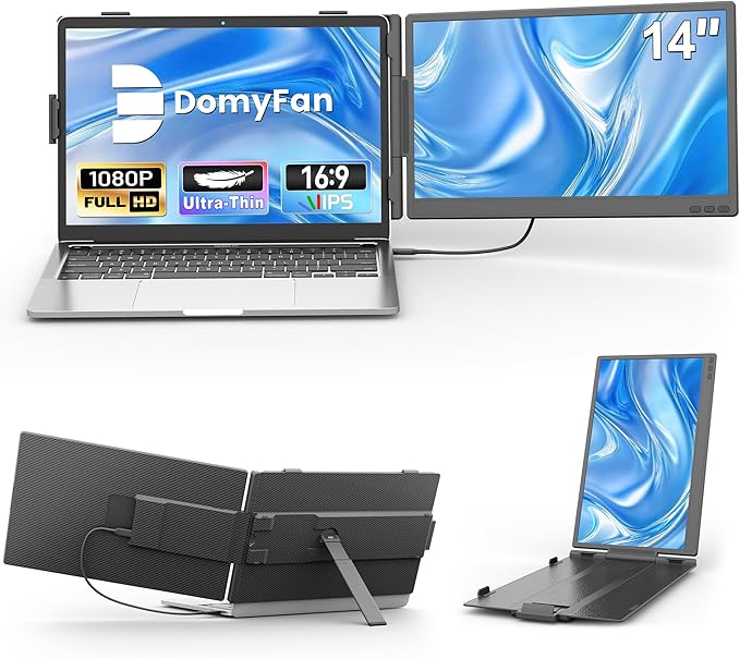 domyfan 14" Laptop Screen Extender, Ultra-Thin FHD 1080P IPS Dual Portable Laptop Monitor Extender for 13-17" Laptops, Plug & Play with HDMI/USB-A/Type-C, Compatible with Windows, Mac, Android