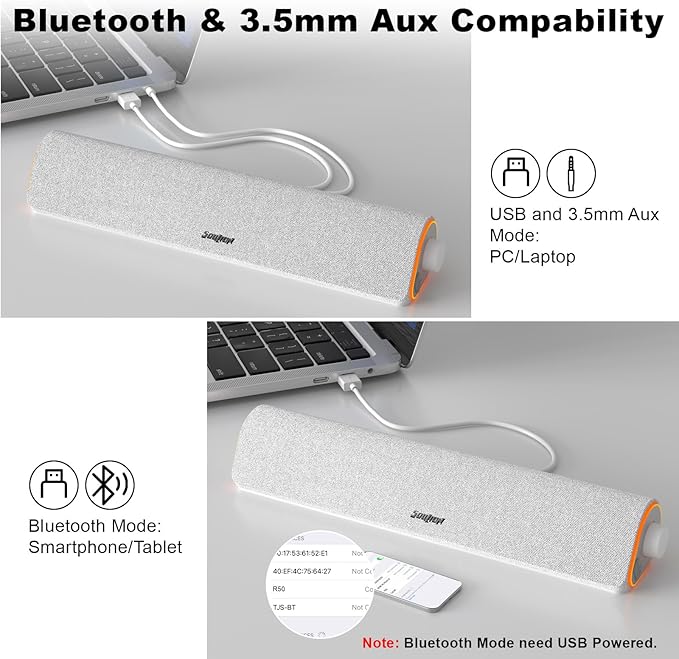 SOULION R50 Bluetooth Computer Speakers, 3.5mm PC Sound Bar for Desktop Monitor, Wired USB Powered & Colorful LED Lights with Switch Button, Surround Sound Soundbar PC Spearkers for Computer, White