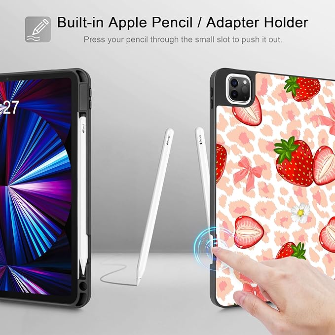 May Chen Case for iPad Pro 11 inch (4th, 3rd, 2nd & 1st Gen) 2022 2021 2020 2018,Trifold Stand with Auto Wake/Sleep Soft TPU Protective Stand Back Cover, Leopard Print Strawberry