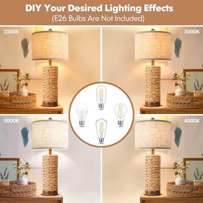 Set of 2 Rattan Table Lamps for Living Room with 2 USB Ports, 27In Tall Bedroom Lamp Costal Farmhouse, Rustic Woven Seagrass Bedside Nightstand Lamps for End Table, E26 Socket&Rotary Switch, No Bulb