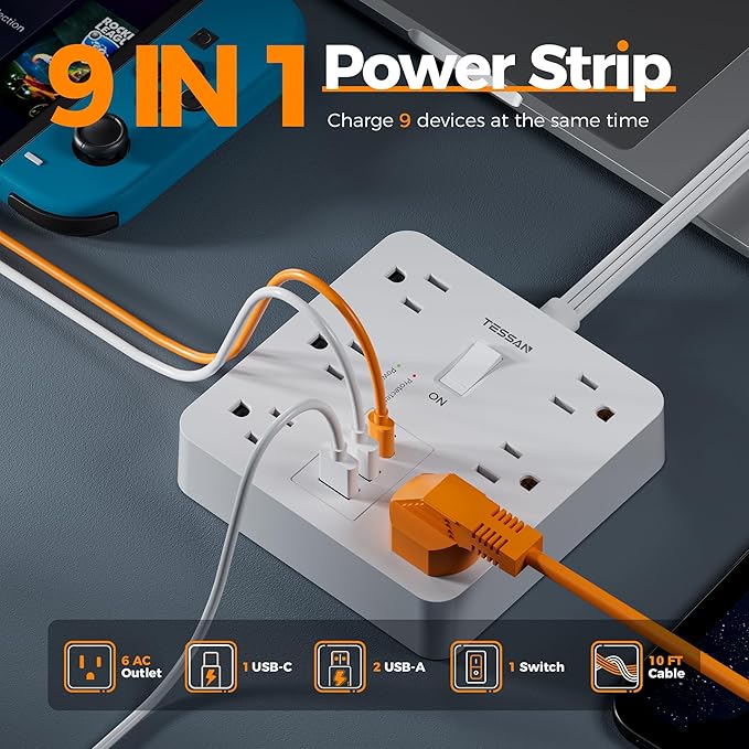 TESSAN 10Ft White Extension Cord with Multiple Outlets, Surge Protector Power Strip with 6 Outlets and 3 USB Ports (1 USB C), 1700 Joules Protection, Flat Plug, Outlet Extender for Home, Office, Dorm