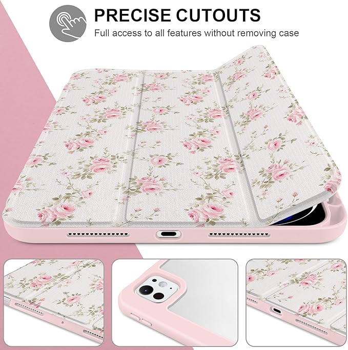 Case for iPad Pro 13 Inch (M5 2025 M4 2024) – [Built-in Pencil Holder], Shockproof & Stylish, Clear Hard Back + Soft TPU Edge, Magnetic Trifold Stand, Auto Wake/Sleep, Little Rose