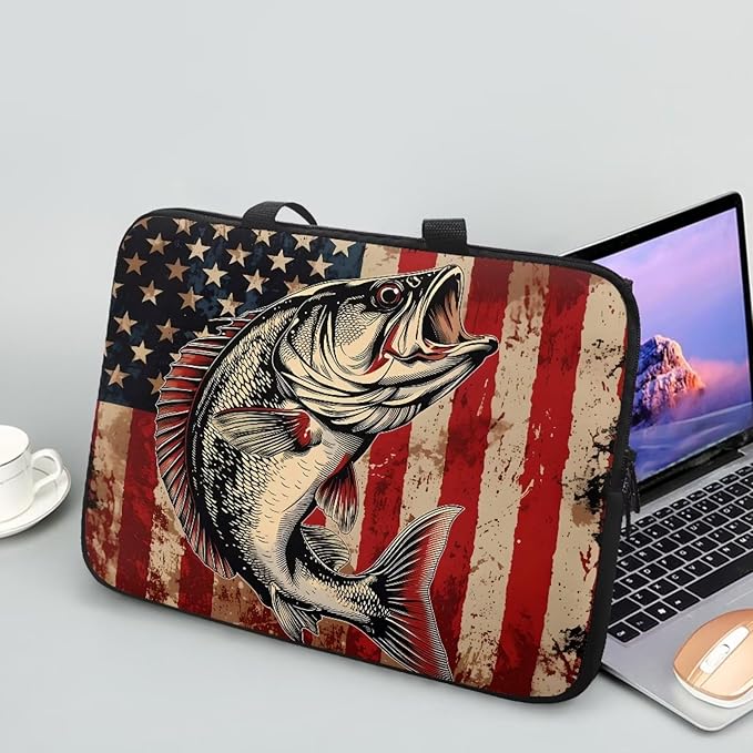 American Flag Fish Laptop Sleeve, Shockproof Laptop Tote Bag, Computer Bag Fits Up to 17 Inch, Zipper Tablet Sleeves Carrying Case for 4th of July USA 250 Years, Notebook Briefcase