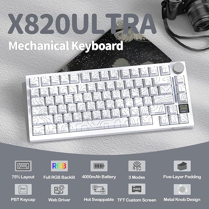 ATTACK SHARK X820 Ultra 75% Wireless Gaming Mechanical Keyboard Hot-Swappable Gasket Mount RGB Backlit BT/2.4G/Wired Custom Keyboard with Smart TFT Display&Knob QMK Driver-White Contour&Shark Switch