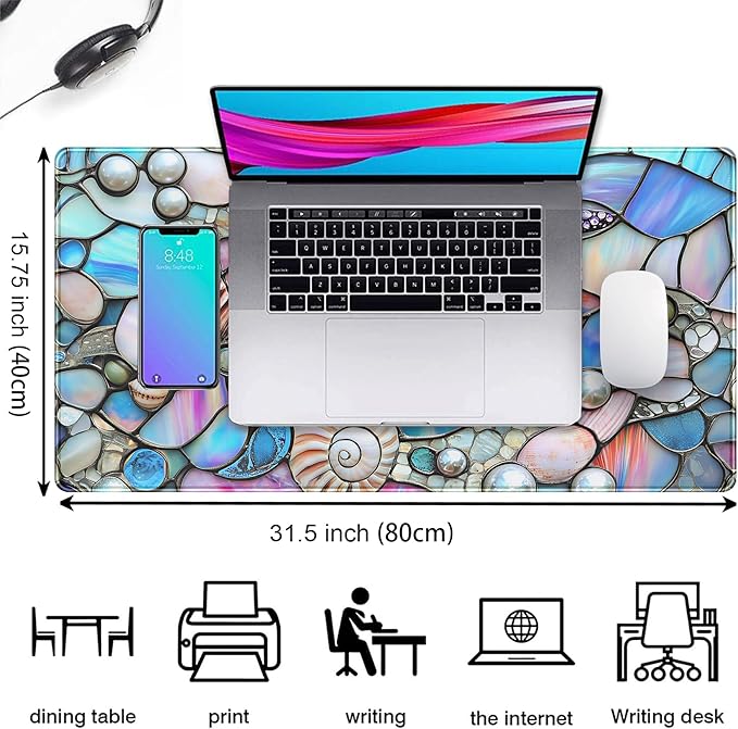 Stained Glass Desk Mat Large Mouse Pad Extended Desk Pad, Gaming Computer Mouse Mat XXL, Big Desktop Keyboard Mat, Full Desk Laptop Pad for Office Work, Ocean Desk Decor Aesthetic 31.5×15.7 Inch