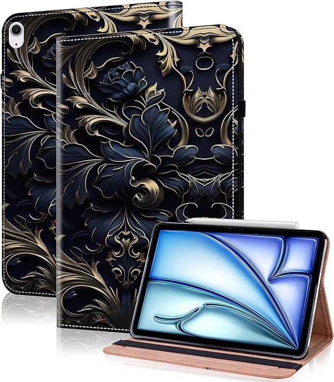 Case for iPad Air 13 inch M4 2026/M3 2025/M2 2024 with Pencil Holder & Card Slots & Auto Sleep, Embossed PU Leather Stand Magnetic Shockproof Cover Case for iPad Air 13 - Blue Flower