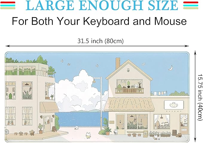Cute Desk Mat Kawaii Mousepad Japanese Street Mouse Pad, Blue and Brown Cute Anime Keyboard Mat 31.5"x15.75", Large Mouse Pad XXL Gaming Desk Pad XL Office Decor for Women Girls Laptop Keyboard Pad