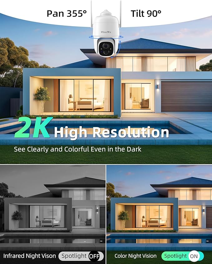 MaxiViz 2K Solar Camera Security Outdoor, 100% Wire-Free Security Cameras Wireless Outdoor with Solar Panel, 360° Panoramic View, Color Night Vision, AI Motion Detection, IP66 Weatherproof, 2 Pack