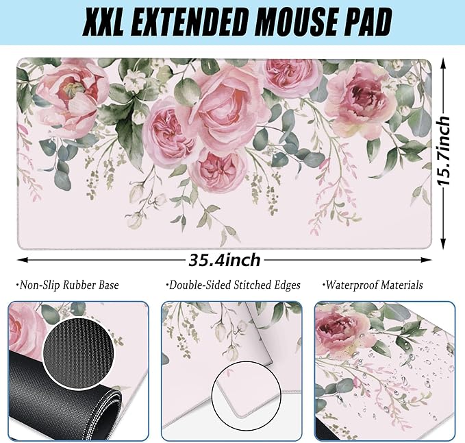 XXL Mouse Pad, Pink Peony Flowers Eucalyptus Green Leaves Large Desk Mat for Desktop, Extended Large Gaming Mouse Pad Mouse Mat with Non-Slip Rubber Base Stitched Edges for Home Office 35.4"X15.7"