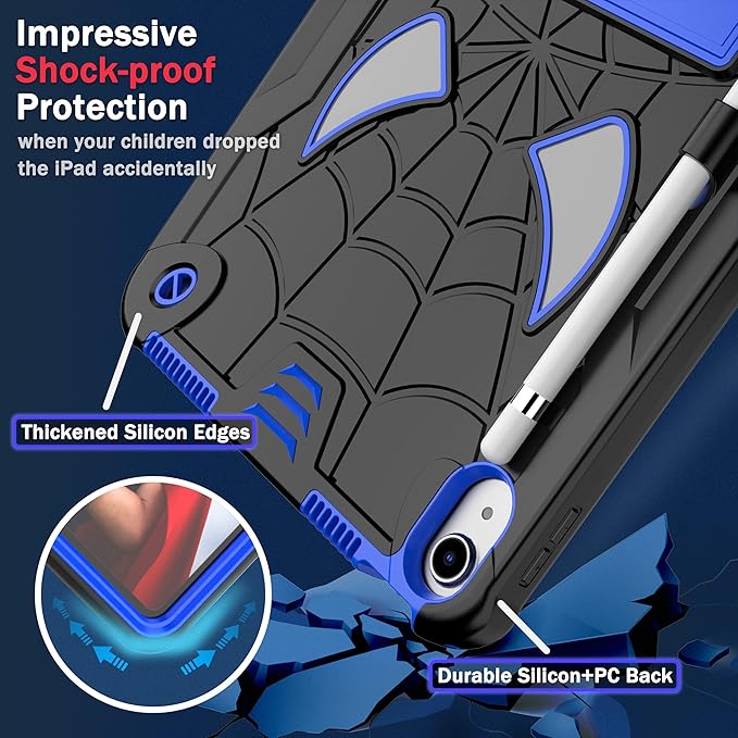 Dteck for iPad Air (3rd Generation) 2019/iPad Pro (2017 Release) Hard Case 10.5" with Kickstand, Shoulder Strap/Screen Protector Film/Stylus Included, Shockproof Cute Spider Kid's Cover, Black/Blue