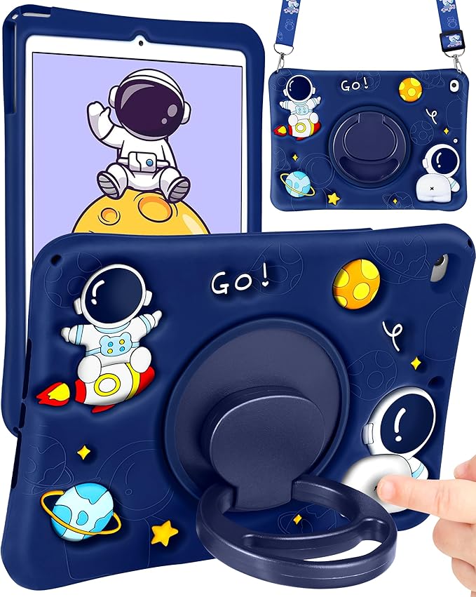 Wazzasoft for iPad mini 1/2/3 Case 7.9 Inch Girls Boys Cute Astronaut Cover Kawaii 3D Cartoon Spacemen with Rotating Handle Stand + Strap Silicone Funda for Apple iPad mini 3rd/2nd/1st Gen Cases
