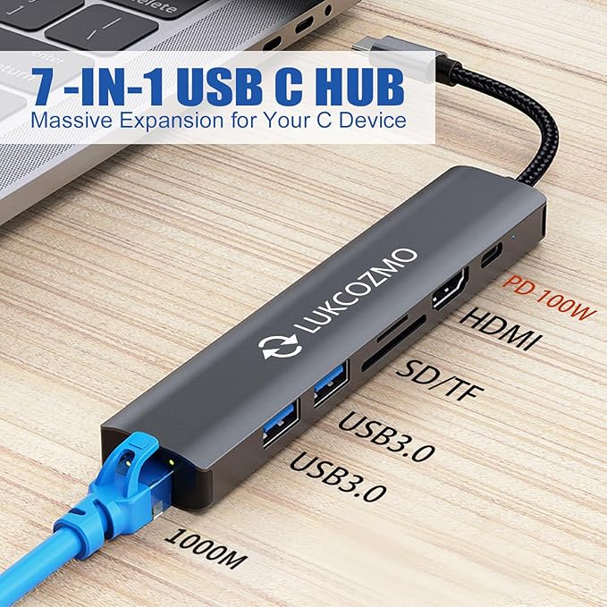 LUKCOZMO USB Hub 3.0, 7 in 1 USB Hub with 1000M Ethernet, 4K HDMI, 2 USB3.0, 100W PD, SD/TF Card Reader Docking Station Compatible with Your Cell Phone MacBook/Dell/HP/Surface/Lenovo/Steam Deck