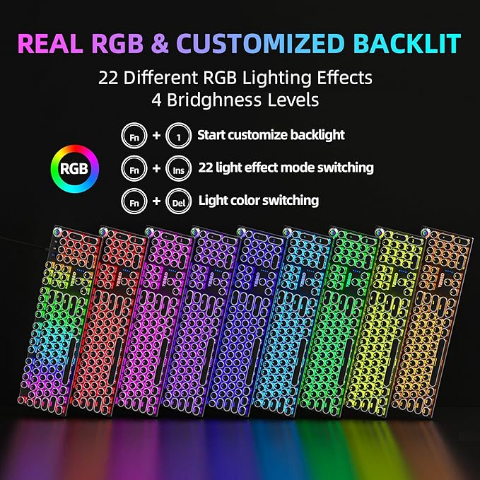 K968 Retro Typewriter Mechanical Gaming Keyboard - RGB Backlit Wired with Blue Switches, Media Control Knob for PC