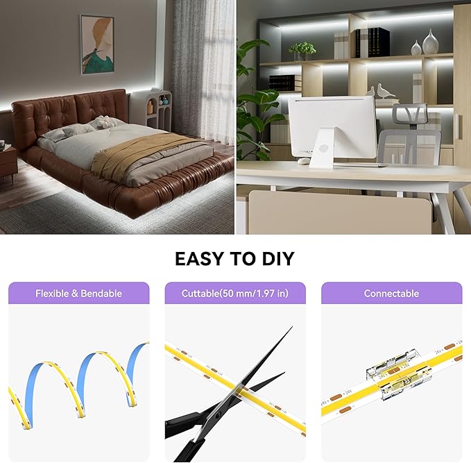 MIWISE COB LED Strip,6000K Daylight White 20ft/6.1m,Dimmable Super Bright 24V LED Strip Light,CRI 90+ Flexible Tape Light with RF Remote Timer Function,for Home/Cabinet/Bedroom DIY Lighting Project
