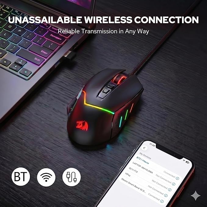 Redragon M690 MAX Wireless Gaming Mouse, Tri-Mode RGB Mice w/ 7 Macro Buttons, 12800 DPI, 400mAh Rechargeable Mouse for PC/Mac/Laptop