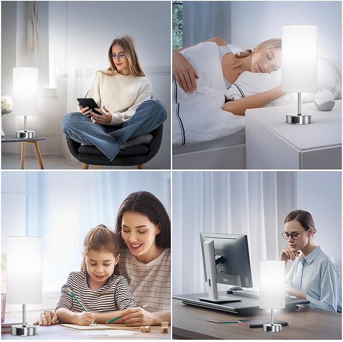 ROTTOGOON 12.8" Touch Control Table Lamp, 3-Way Dimmable Small Bedside Nightstand Lamp with 2 USB Ports, Modern Table Lamps with 6500K Daylight LED Bulb for Bedroom Living Room