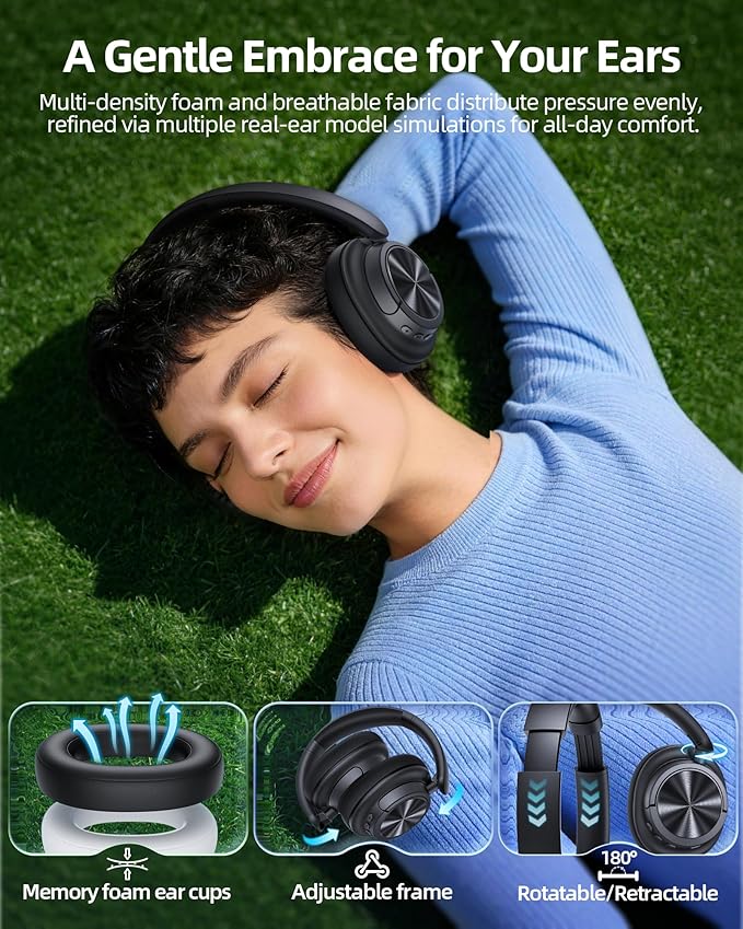 Hybrid Active Noise Cancelling Headphones 120H Playtime Wireless Headphones Bluetooth 6.0 Over Ear Headphones with 6 ENC HD Call Mic, Hi-Res 360° Spatial Audio ANC Headphone for Travel Workout Black