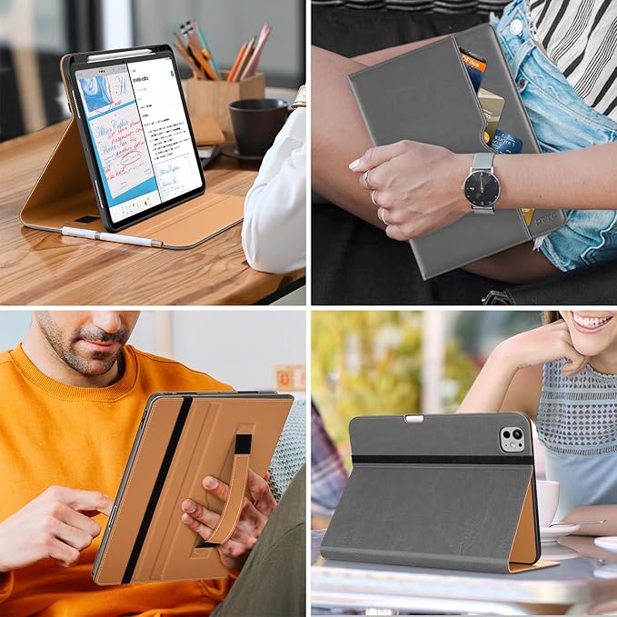 DTTO for iPad Pro 13 inch Case (M5/M4) 2025/2024, Premium Leather Business Folio Stand Cover with Pencil Holder - Auto Wake/Sleep & Multiple Viewing Angles, Built in Hand Strap & Pocket, Grey