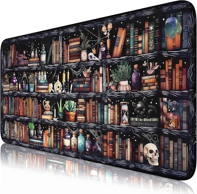 Mysterious Library Magic Desk Mat Large Gaming Mouse Pad Fantacy Bookshelf Book Witchy Decor Mousepad with Stitched Edges, Keyboard Mouse Mat for Work Game Office Home 31.5x15.7 in