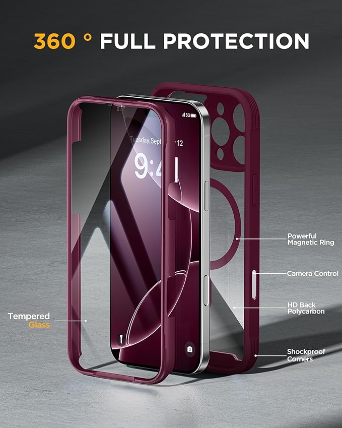 Miracase for iPhone 16 Pro Max Case 6.9'', [Bubble Free] Full-Body Bumper Phone case with Built-in Full Glass Screen &Lens Protector,Compatible with MagSafe,Drop Proof 16 Pro Max Cover,Plum | 6.9'', Bubble Free, Full-Body Bumper, Lens Protector