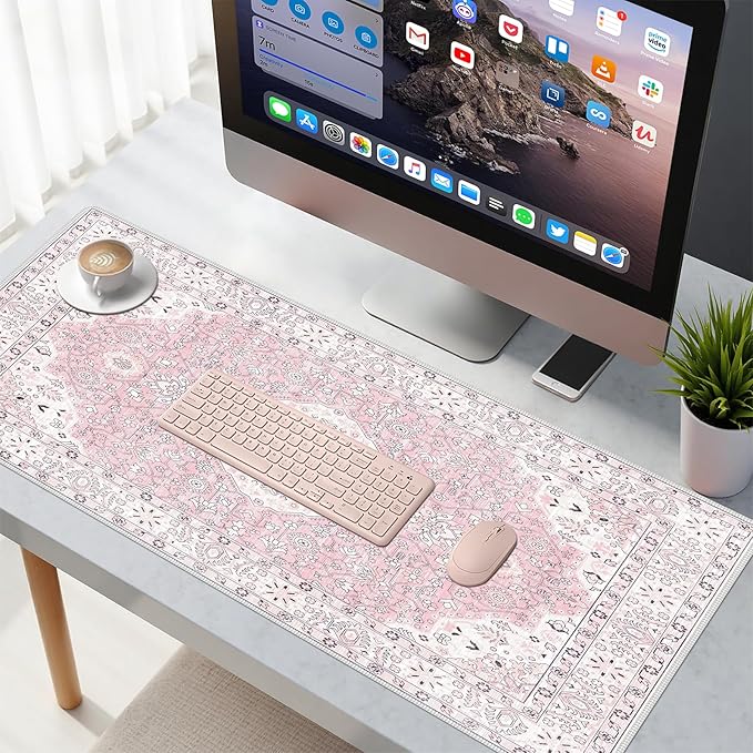 Baziabbo Pink Desk Mat,XXL Extended Large Mouse Pad,Durable Gaming Mousepad with Stitched Edge,Non-Slip Rubber Base Keyboard Desk Pads for Work Home Game
