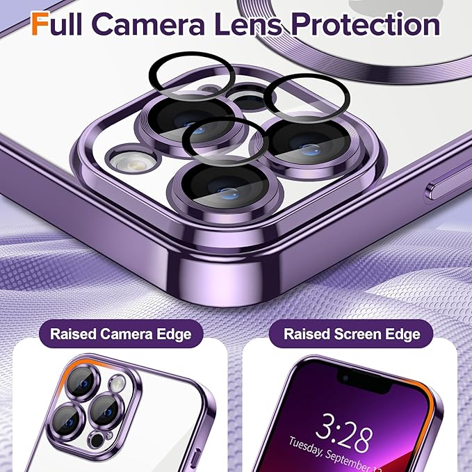 Hython Magnetic Clear for iPhone 13 Pro Max Case with Camera Lens Protector [Compatible with MagSafe] Plating Edge Slim Soft TPU Cover Protective Phone Case for iPhone 13 Pro Max 6.7", Deep Purple