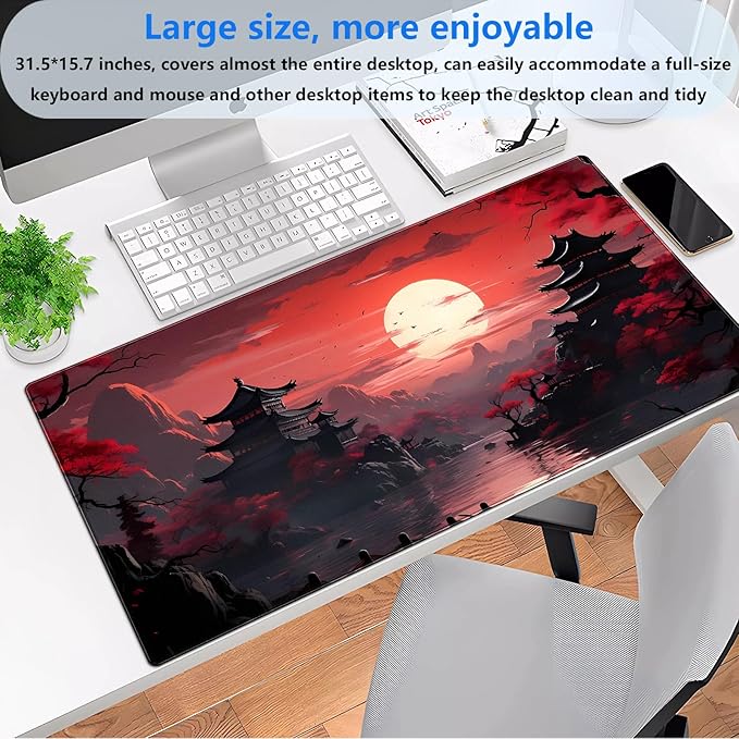 Red and Black Japanese Desk Mat - 31.5x15.7in Extended Gaming Mouse Pad - XL Full Moon Sakura Art Keyboard Mat - Waterproof Stitched Edges Desk Protector for Gaming & Office