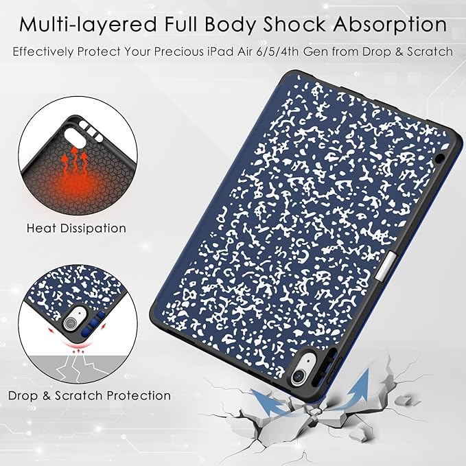 Soke Case for New iPad Air 11 Inch (M4/M3/M2, 2026-2024), iPad Air 5th/4th Generation 10.9 Inch (2020-2022) with Pencil Holder, Soft TPU Back Cover & Auto Sleep/Wake, Book Navy